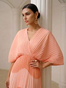 ZEYLAH WOMEN'S ROMANTIC ELEGANT BATWING SLEEVE PLEATED DRESS, SPRING/SUMMER - Pink - View 2