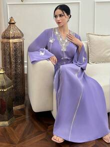 Al Najma Vestido elegante de estilo árabe con cuello en V, decoración de cuentas y mangas acampanadas con diseño de mariposa para mujer - Blanco - Ver 7