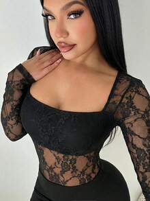 Radiana 女士性感优雅黑色蕾丝连体衣，宽领，喇叭袖，休闲上衣，适合日常穿着 - 黑色 - 查看 3