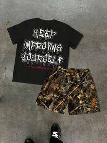 SHEIN 2pcs/Set Young Boy Casual Cartoon Character & Letter Print Round Neck Short Sleeve T-Shirt And Camouflage Print Shorts Set - Multicolor - View 3