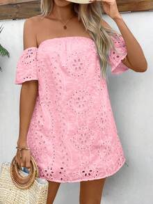 Glamine Gaun Pendek Mini Wanita Warna Polos Musim Panas dengan Bahu Terbuka dan Pola Bordir Berongga, Pakaian Liburan Pantai, Warna Pink Muda Gaya Boho - Berwarna merah muda - View 6
