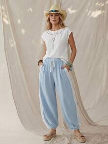 Wildy Women's Light Blue Lace Contrast Patchwork Tapered Pants, Casual Boho Western Country Chic Summer Vacation Holiday Autumn Commuting - Blue - View 6