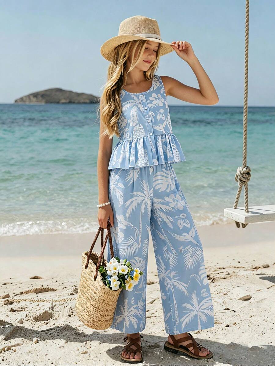 SHEIN Sparklyn Tween Girl Vacation Floral & Palm Tree Print Button Ruffle Hem Tank Top And Casual Pants Set - Baby Blue - View 1