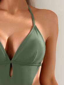 Oceva Solid Color Sexy One-Piece Swimsuit For Beach, Spring/Summer - Army Green - View 5