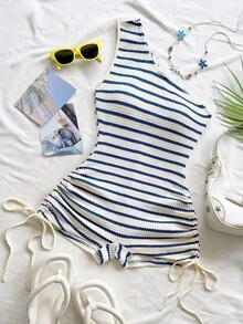 Soleia Women's Striped Sleeveless Side Drawstring Jumpsuit - Multicolor - View 4