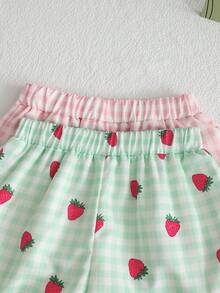 SHEIN Playful Pals 4件套：女童甜美樱桃草莓印花吊带背心和草莓格子碎花短裤，清新夏日度假风，适合海滩、旅行和其他夏季场合。 - 彩色 - 查看 5