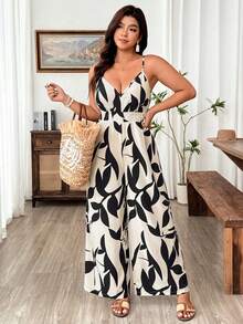 Weeklong Mono de verano de moda casual, vacaciones, estilo retro francés, elegante, para ir al trabajo, con cuello en V y estampado - Albaricoque - Ver 7