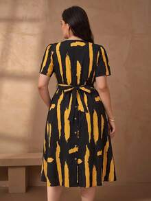 Chikora Đầm công sở cổ chữ V thanh lịch bằng vải lanh-cotton dành cho nữ cỡ lớn - Nhiều màu - Xem 4