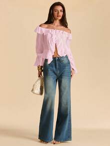 SHEIN BAE Áo kiểu trễ vai màu trắng, viền bèo nhún, tay áo buộc dây bất đối xứng, kiểu dáng lãng mạn mùa xuân, thích hợp cho kỳ nghỉ, ngày Valentine, mặc hàng ngày, phong cách công chúa. - Màu Hồng baby - Xem 7