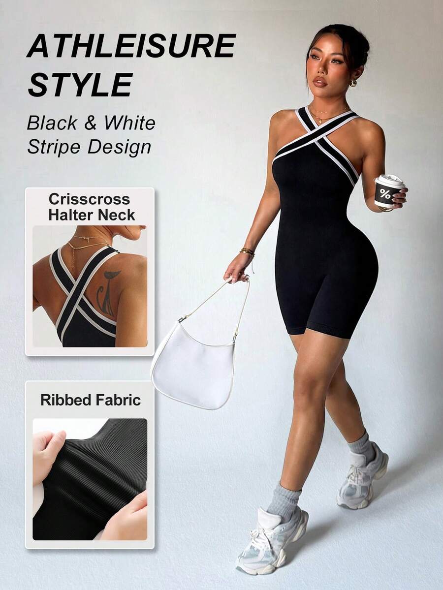 Dewbera Mono ajustado sin espalda con ribete de contraste y sin mangas - Negro - Ver 1