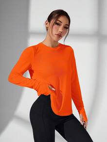 SHEIN Sports 女士时尚圆领露背长袖运动T恤，适合跑步和健身 - 亮橙色 - 查看 6