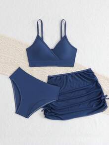 SHEIN Teen Girl Solid Color Swimwear Set With Coverup And Mini Skirt, Vacation Beach - Navy Blue - View 5