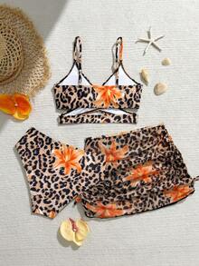 SHEIN TEEN Girls 3 Pieces Set, Random Print - Orange - View 2