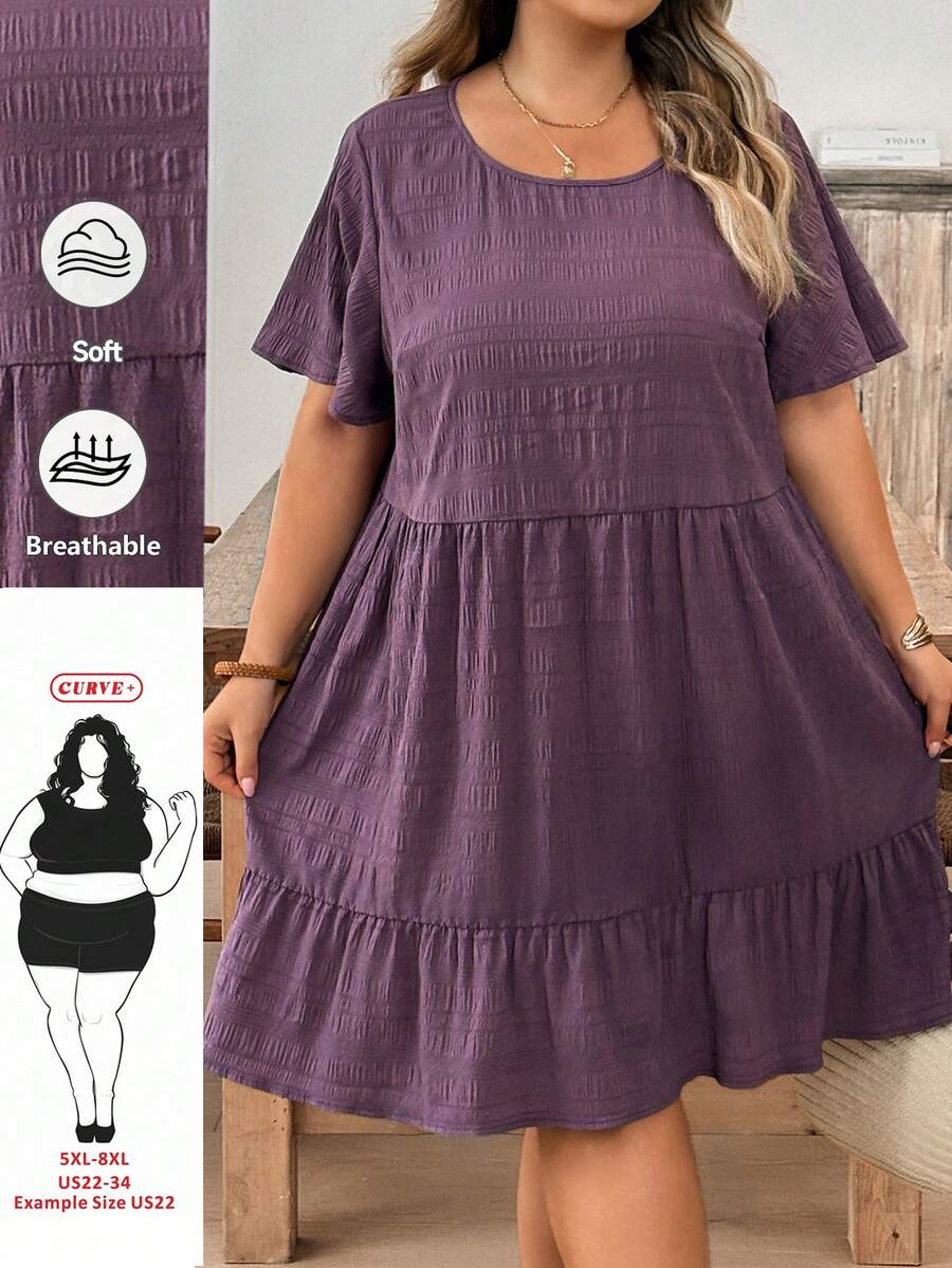 SHEIN CURVE+ 大码女式纯色圆领短袖荷叶边下摆休闲连衣裙 - 淡紫色 - 查看 1