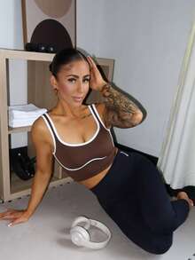 SAYEHFBABY Top deportivo de mujer con dobladillo corto para uso diario y fitness - Café integral - Ver 5