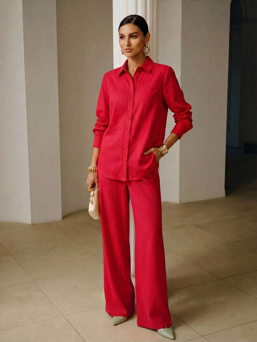 ZEYLAH 亚麻纽扣衬衫 - 紅色 - 查看 1