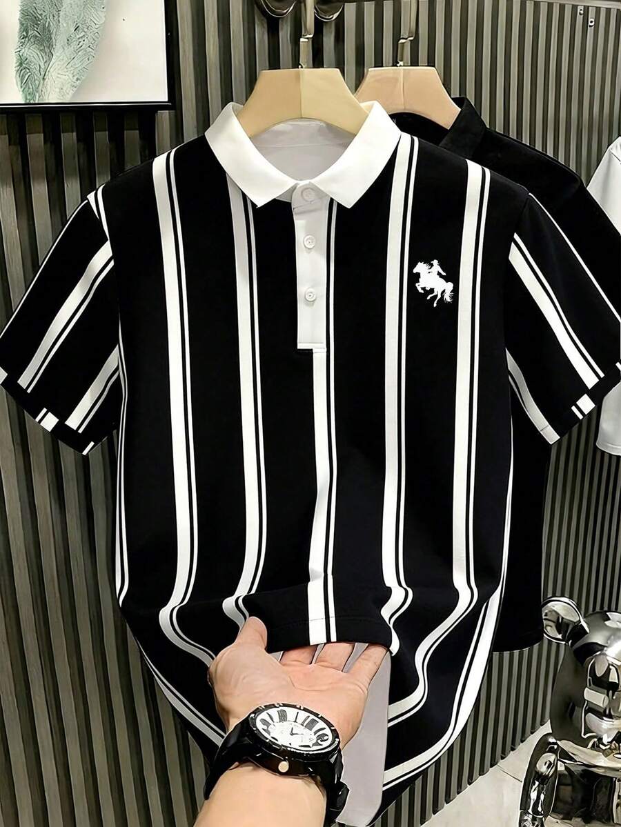 Chillumni Men's Casual Classic Black & White Striped Horse Graphic Polo Shirt, Suitable For Leisure, Daily Commute