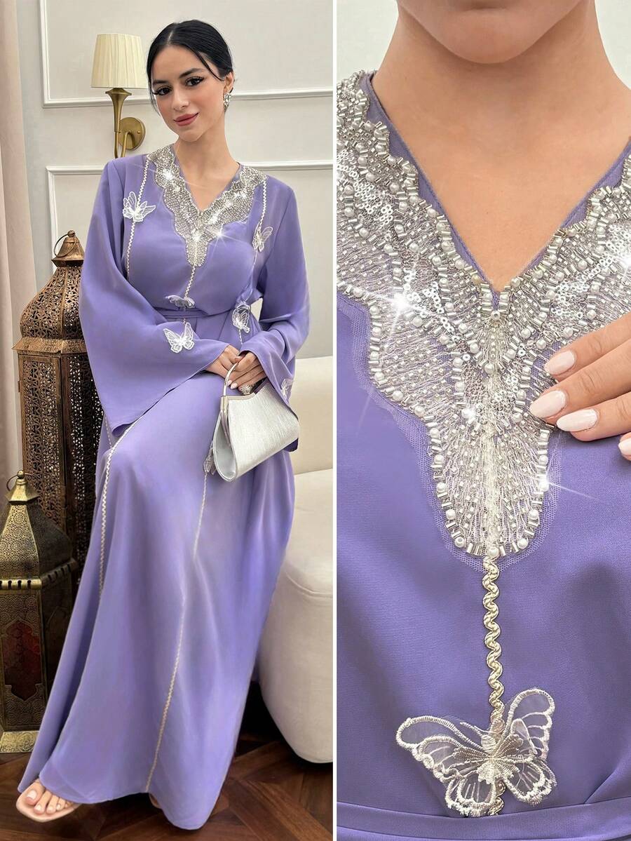 Al Najma Vestido elegante de estilo árabe con cuello en V, decoración de cuentas y mangas acampanadas con diseño de mariposa para mujer