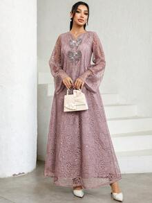 Al Najma Damen Kleid mit Strass-Schleife, Glockenärmeln, Spitze und elegantem arabischem Stil - Pink - Übersicht 6