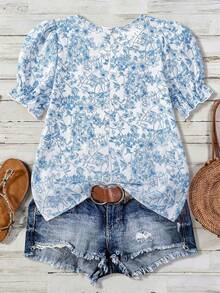 Franclia Bohemian Regular Length Plant Print Short Sleeve Top For Women With Ruffle Accents - Blue and White - View 2