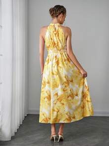 Maternity Floral Print Halter Waist Tie Maxi Dress - Yellow - View 2