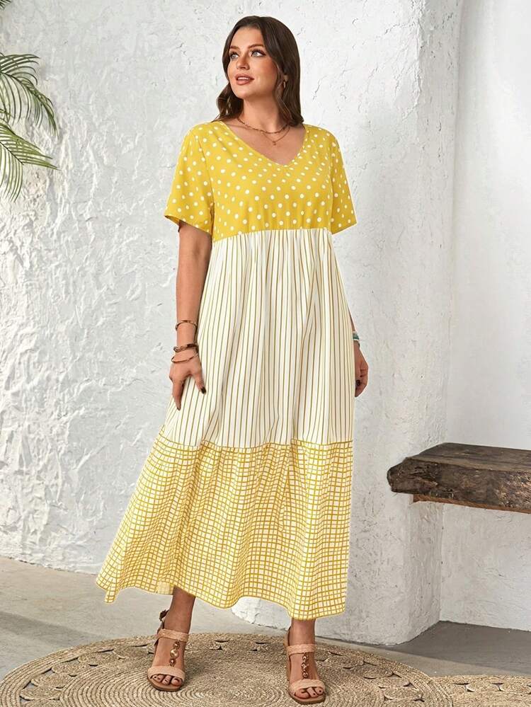 Plus Size Summer Casual Color Block Striped Polka Dot Plaid Print Dress