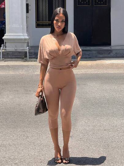 Slaydiva Bộ jumpsuit mùa hè gợi cảm cổ chữ V sâu tay cánh dơi