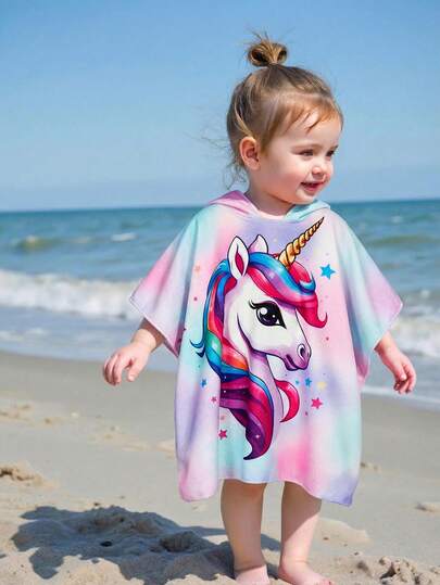 SHEIN Baby Girl Unicorn Print Hooded Swimsuit, Summer Beach Vacation