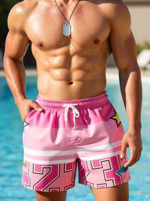 Manfinity Swimmode 男士粉色夏季休閒海灘度假數字星星印花拼接短褲，夏威夷熱帶泳褲，適合女性情侶穿搭 - 粉色 - 查看 2