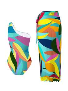 Swim Oasis 女士夏季沙滩度假印花连体泳衣和裹身系带纱笼裙套装 - 彩色 - 查看 2