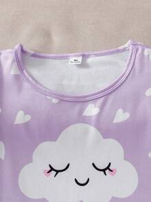 Ensemble 2 pièces Top à manches courtes et short violet, imprimé nuage et cœur, doux et confortable, style décontracté ample, pour l'été - Prune - Voir 5