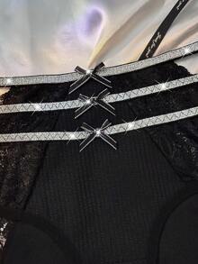 Silver Metallic Ribbon Comfortable Sexy Lace Elegant Plus Size Panties LINGERIE PLUS SIZE FOR WOMEN,ADULT,HONEYMOON,HOT,DATE NIGHT,PLUS SIZE LINGERIE,PLUS SIZE LINGERIE CURVE,CURVE LINGERIE,SEXY LINGERIE,CURVE LINGERIE SET, SEXY OUTFIT - Black - View 3