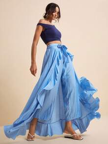 Women's Spring/Summer Vacation Blue 2 In 1 Ruffle Hem Culottes,  Prom Pants - Sky Blue - View 5