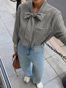 Elyressa 女款格紋休閒襯衫，黑白格紋秋季優雅通勤上衣，百搭日常穿搭上衣 - 彩色 - 查看 5