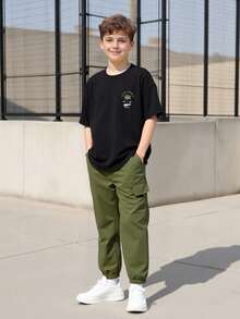 Vacaura 2pcs/Set Teen Boys Black T-Shirt With Khaki Shorts,Fashionable Streetwear Pocket Outfit,Versatile Summer Essentials For Sports,Outings,School - Army Green - View 9