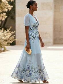 SHEIN Clasi 大码碎花V领雪纺连衣裙，夏季 - 藍色 - 查看 3