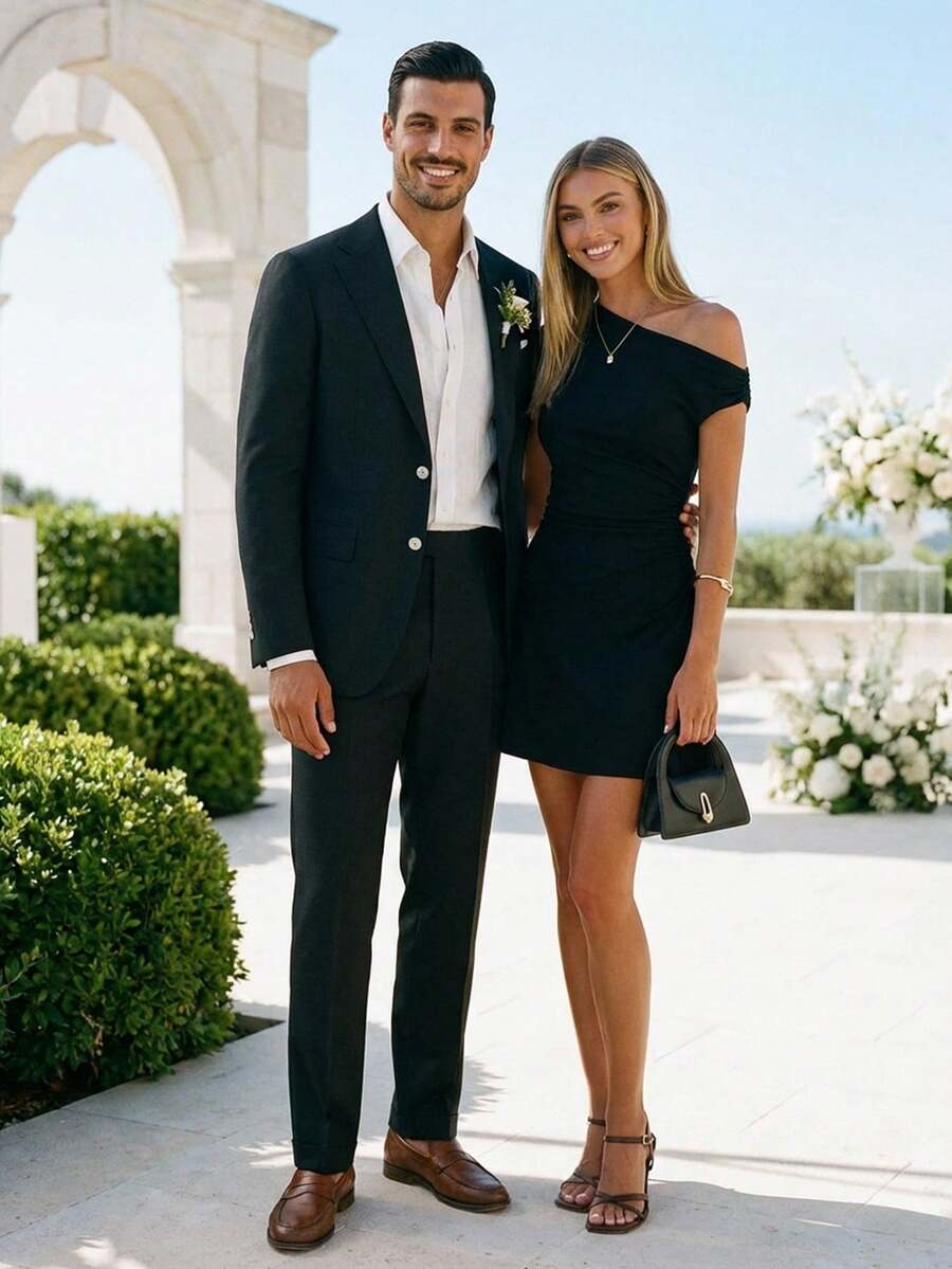 HIMLAND 男士休闲商务单排扣翻领西装外套和裤子套装 - 黑色 - 查看 1