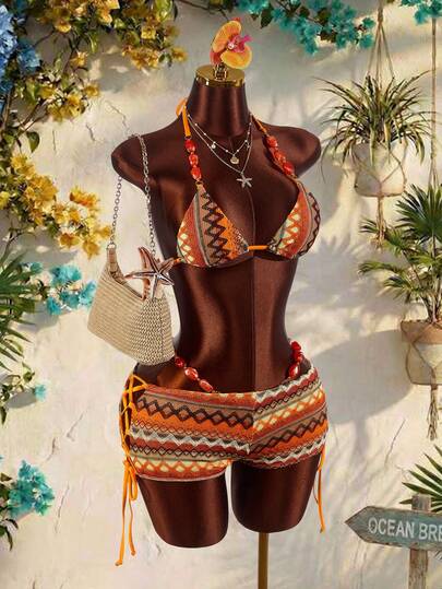 Amplova Women's Bohemian Crochet Bikini Set, Turquoise Beaded Strap Vacation Beach Pool Party Swimwear 2pcs Sexy Triangle Bra And Shorts