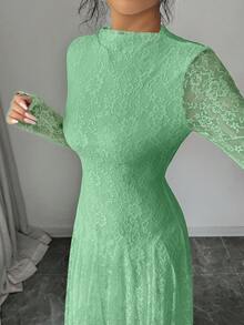 Modelyn Wine Red High Neck Waist Cinched Lace Dress For Women - Green - View 3
