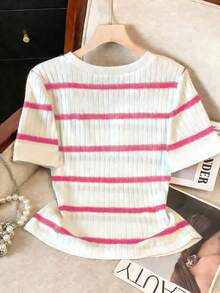 Franclia Women's Striped Crew Neck Short Sleeve Casual Versatile T-Shirt - Pink - View 2