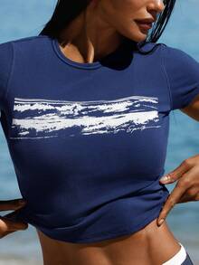 GLOWMODE Áo thun cotton Pima Saltwave dáng ôm, dài đến eo, cổ tròn, in họa tiết, thích hợp cho kỳ nghỉ hè, du lịch hoặc mặc hàng ngày. - Dark Blue - Xem 4