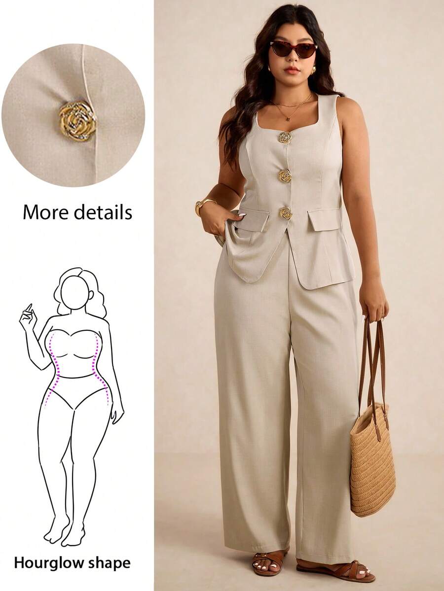 Hourglow Plus Size Women Metal Floral Decor Vest And Pants Elegant 2 Pieces Set, Business Casual Woman, For Hourglass Body Shape, For Body Shape, For Summer - Khaki - View 1