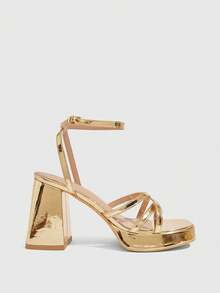 CUCCOO SZL Gold Metallic Block Heel Platform Sandals With Ankle Strap Square Toe Heeled Sandals Summer - Gold - View 2