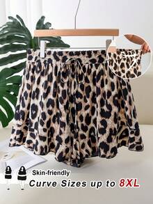 SHEIN CURVE+ 大码女式豹纹A字荷叶边休闲度假短裤，略微透视 - 彩色 - 查看 8