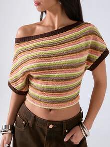 LYSMO Women's Striped Asymmetrical Shoulder Casual Top,Summer Top - Multicolor - View 7