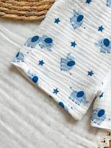 SHEIN Vintaside Kids 男婴夏季休闲度假及日常穿着大象星星印花短袖衬衫短裤套装 - 藍色 - 查看 8
