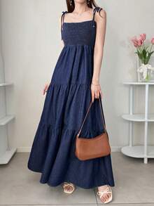 FRIFUL 女士肩部系带露背系带牛仔长连衣裙，裙摆呈喇叭形 - 藍色 - 查看 5