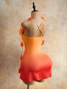Mistrie 女士3D立体渐变花卉吊带连衣裙 - 亮橙色 - 查看 2