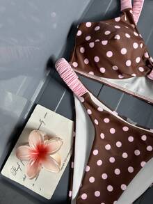 SHEIN Swim Mod 夏季女士两件套波点印花褶皱弹力吊带上衣和比基尼泳裤套装，沙滩度假泳装 - 彩色 - 查看 4