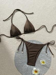Swim Chiccia 女士纯色珍珠吊坠比基尼套装，春夏女士比基尼套装，棕色比基尼套装，塑形泳衣，棕色两件式泳装，棕色泳装比基尼，女士棕色两件式泳装，旅行沙滩日光浴 - 棕色 - 查看 2